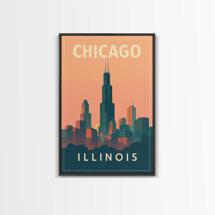 Chicago Travel Poster, Framed Canvas Print, Classic Travel Poster Art, Chicago Wall Art, Vintage City Poster, Mid Century Wall Art