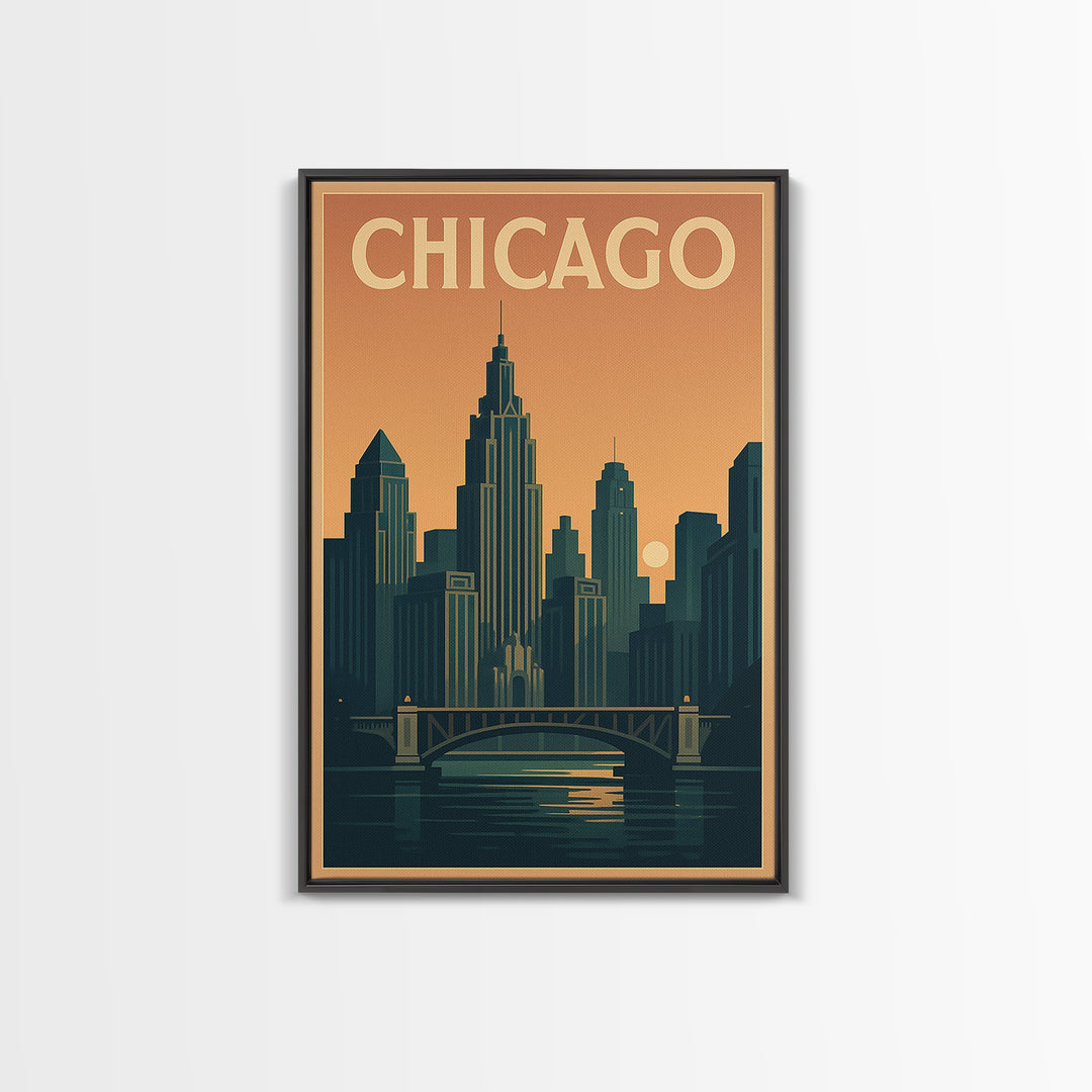 Chicago Travel Poster, Framed Canvas Print, Retro Sunset Skyline Art, Chicago Poster Print, Travel Poster Set, Vintage City Poster