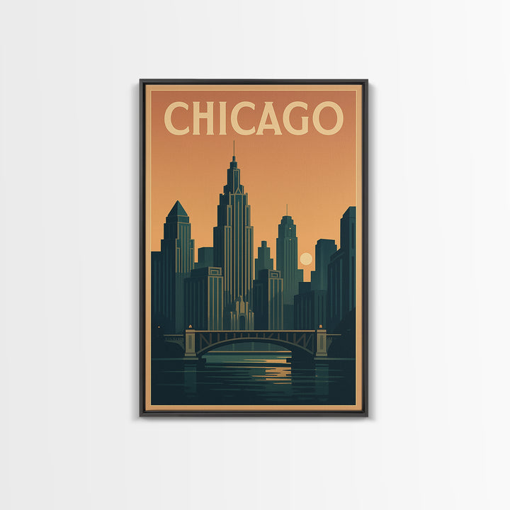 Chicago Travel Poster, Framed Canvas Print, Retro Sunset Skyline Art, Chicago Poster Print, Travel Poster Set, Vintage City Poster