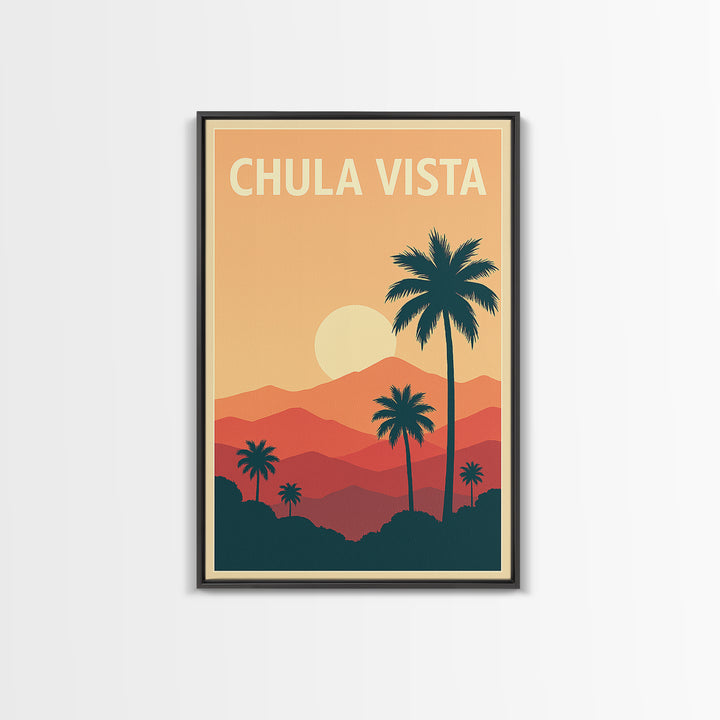 Chula Vista Travel Poster, Framed Canvas Print, Retro Sunset Skyline Art, Chula Vista Poster Print, Vintage City Poster, City Art Print