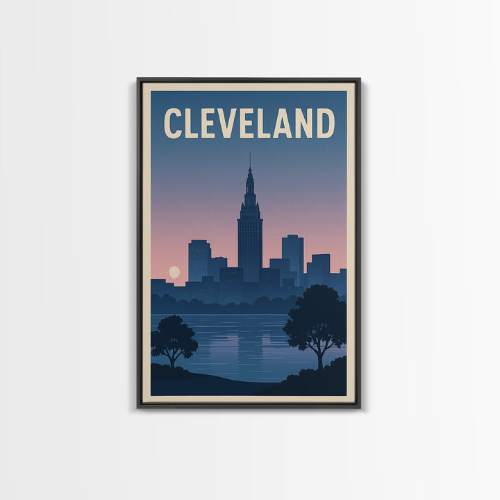 Cleveland Travel Poster, Framed Canvas Print, Mid Century City Wall Art, Cleveland City Art, City Illustration, Modern Wall Decor
