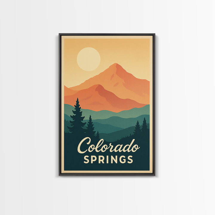 Colorado Springs Colorado Travel Poster, Framed Canvas Print, Retro Sunset Skyline Art, Colorado Springs Travel Art, Living Room Wall Art