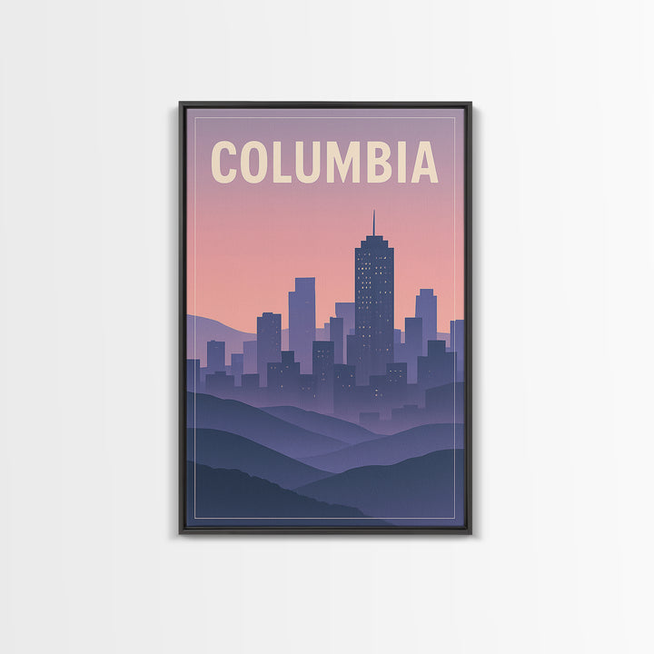 Columbia South Carolina Travel Poster, Canvas Print, Retro Sunset Skyline Art, Columbia City Art, Watercolor Skyline, Gift For Travelers