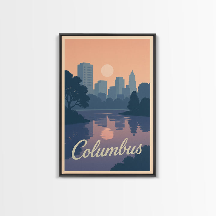 Columbus Travel Poster, Framed Canvas Print, Retro Sunset Skyline Art, Columbus Wall Art, Modern Wall Decor, Retro Travel Print