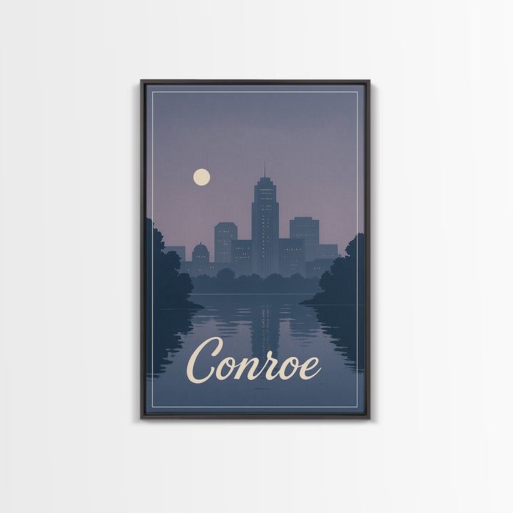 Conroe Travel Poster, Framed Canvas Print, Mid Century City Wall Art, Conroe Travel Art, Living Room Wall Art, Vintage City Poster