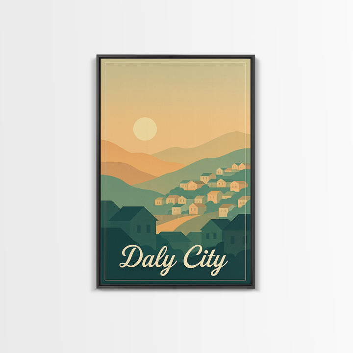 Daly City California Travel Poster, Canvas Print, Retro Sunset Skyline Art, Daly City Art Print, Gift For Travelers, Living Room Wall Art