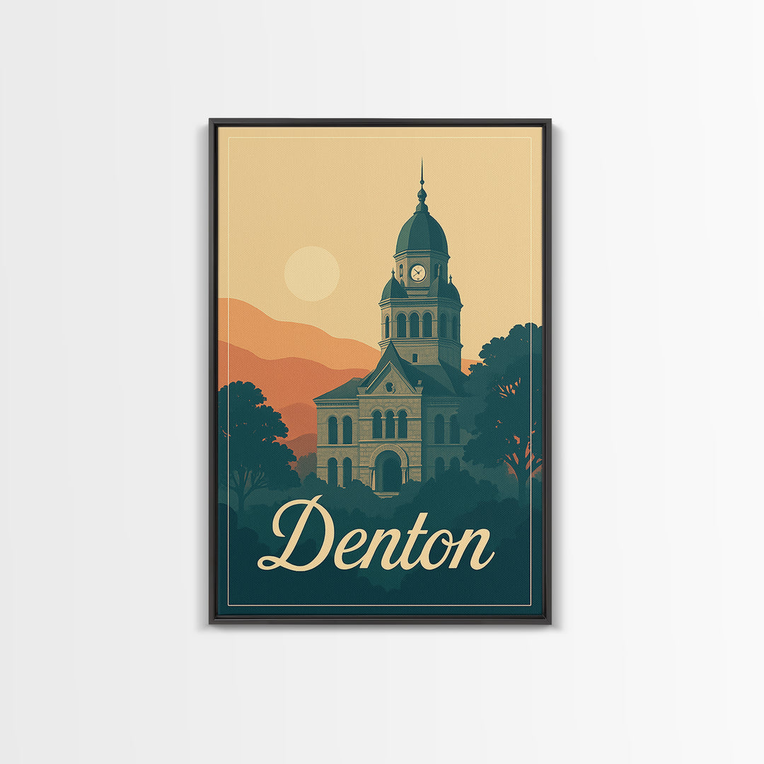 Denton Texas Travel Poster, Canvas Print, Retro Sunset Skyline Art, Denton Travel Art, Travel Poster Set, Wanderlust Decor, City Poster