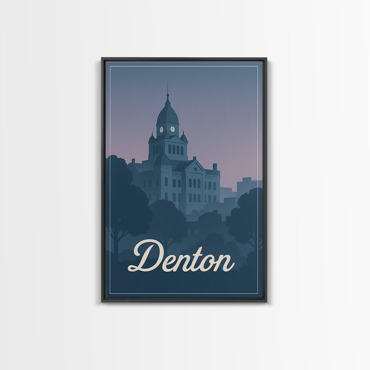Denton Travel Poster, Framed Canvas Print, Retro Sunset Skyline Art, Denton Poster Print, Vintage Travel Art, City Travel Prints