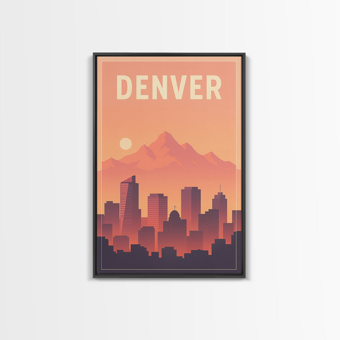 Denver Travel Poster, Framed Canvas Print, Retro Sunset Skyline Art, Denver Poster Print, Travel Poster Set, Travel Art Print, Wall Art