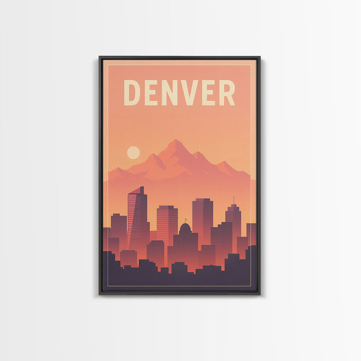 Denver Travel Poster, Framed Canvas Print, Retro Sunset Skyline Art, Denver Poster Print, Travel Poster Set, Travel Art Print, Wall Art