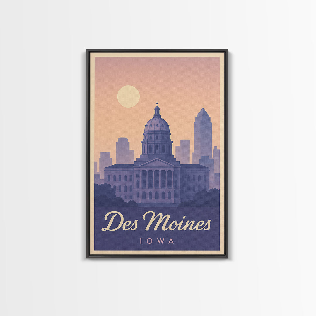 Des Moines Travel Poster, Framed Canvas Print, Retro Sunset Skyline Art, Des Moines Art Print, Vintage Travel Art, City Art Print
