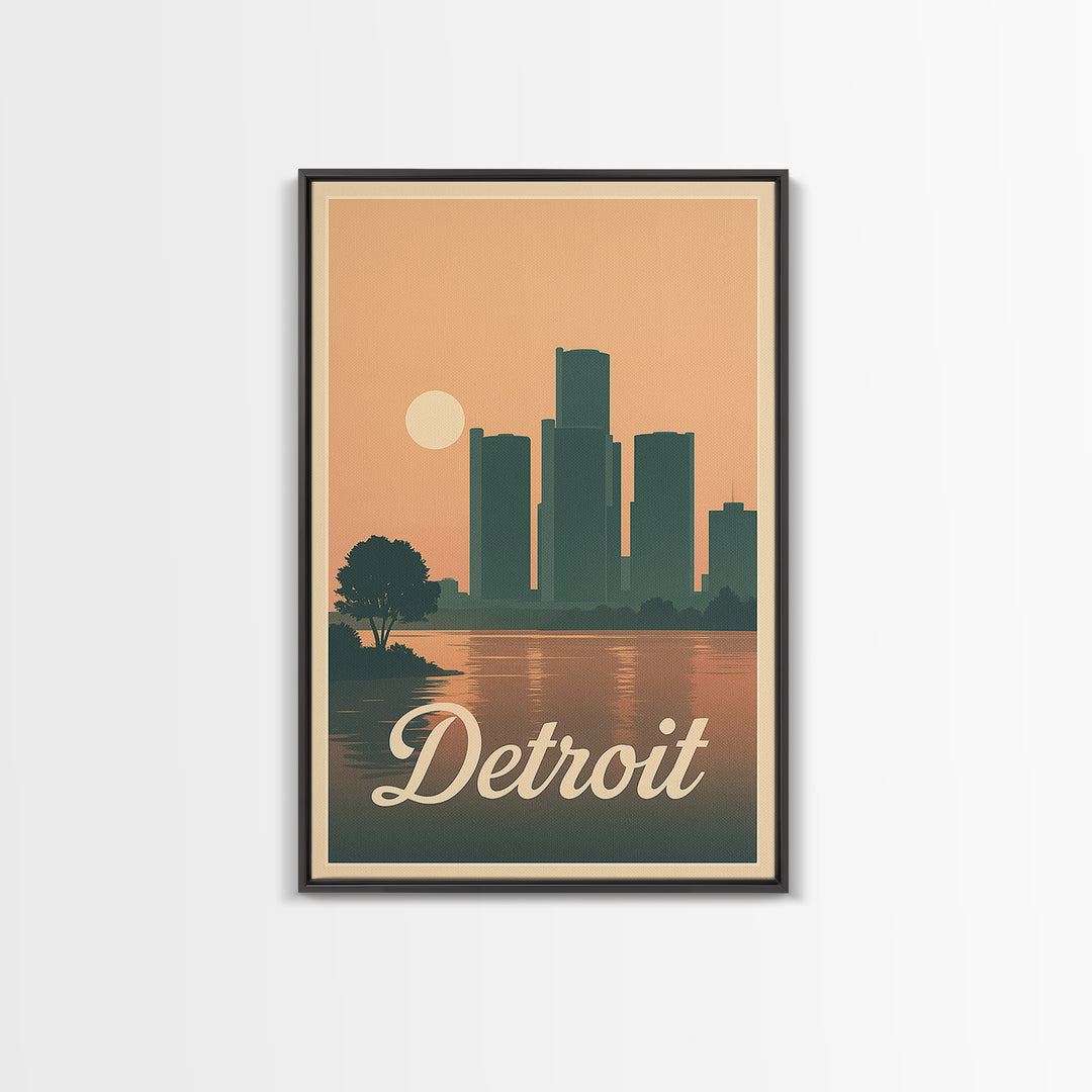 Detroit Travel Poster, Canvas Print, Retro Sunset Skyline Art, Detroit Poster Print, Home Office Decor, Travel Wall Decor, Travel Art Print