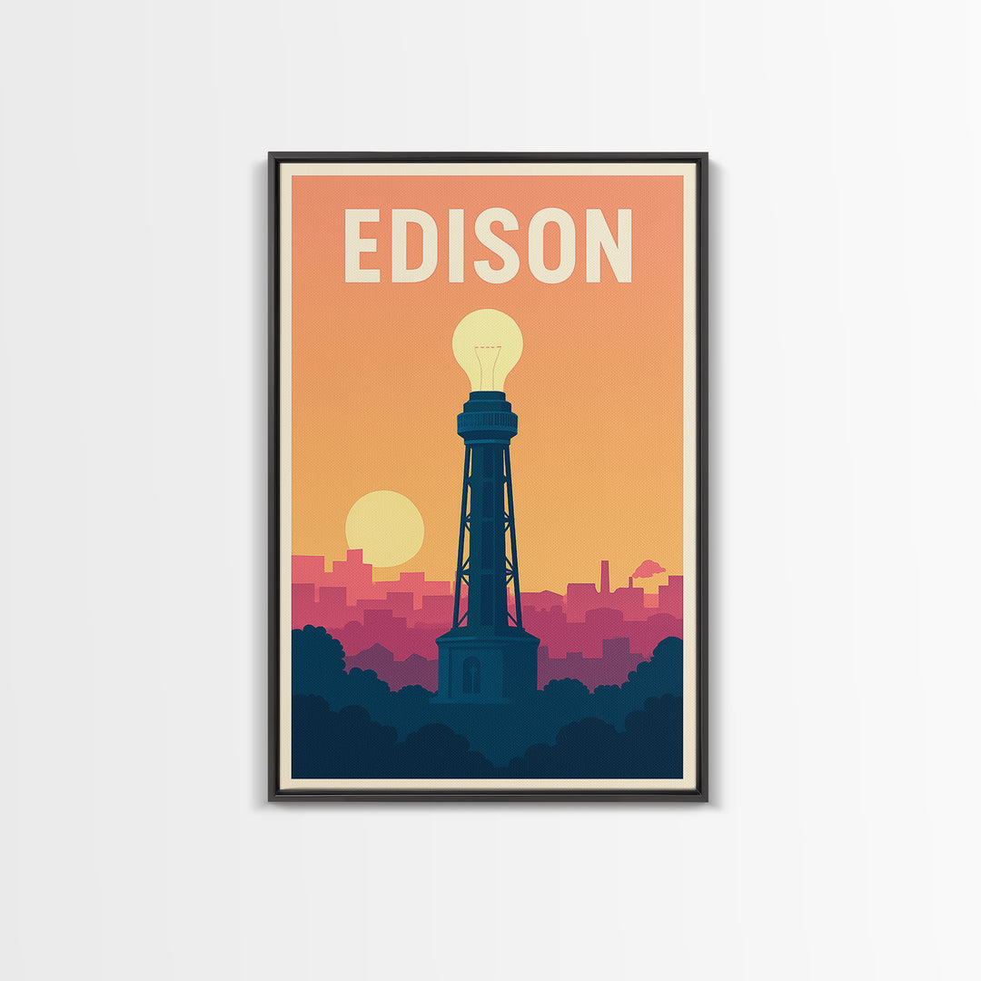 Edison Travel Poster, Framed Canvas Print, Mid Century City Wall Art, Edison Travel Art, Mid Century Wall Art, Watercolor Skyline