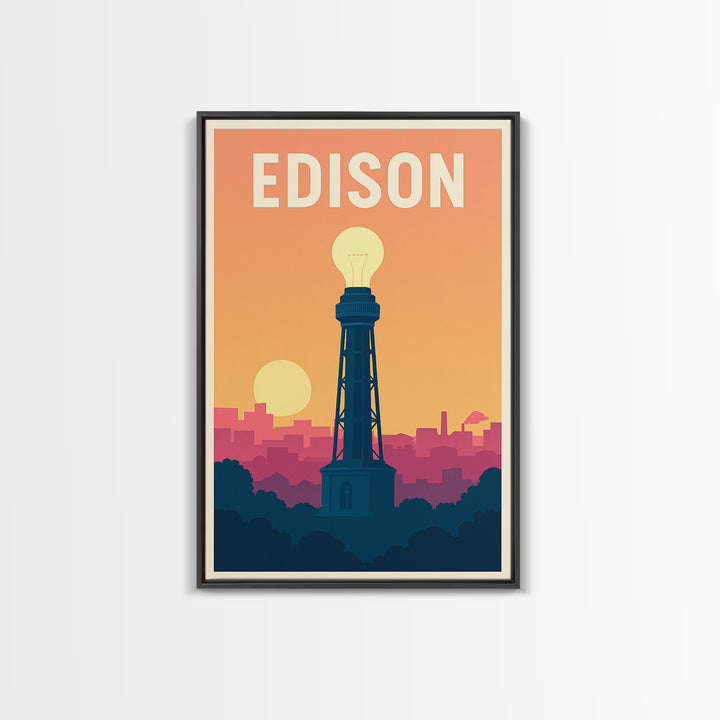 Edison Travel Poster, Framed Canvas Print, Mid Century City Wall Art, Edison Travel Art, Mid Century Wall Art, Watercolor Skyline