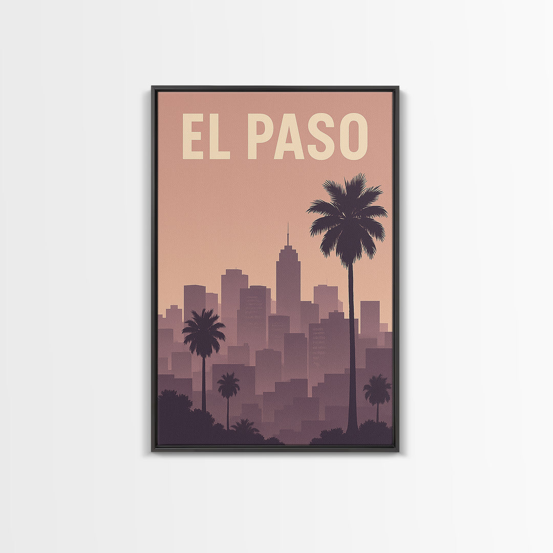 El Paso Travel Poster, Framed Canvas Print, Retro Sunset Skyline Art, El Paso Travel Art, Fine Art Print, Travel Wall Decor, City Poster