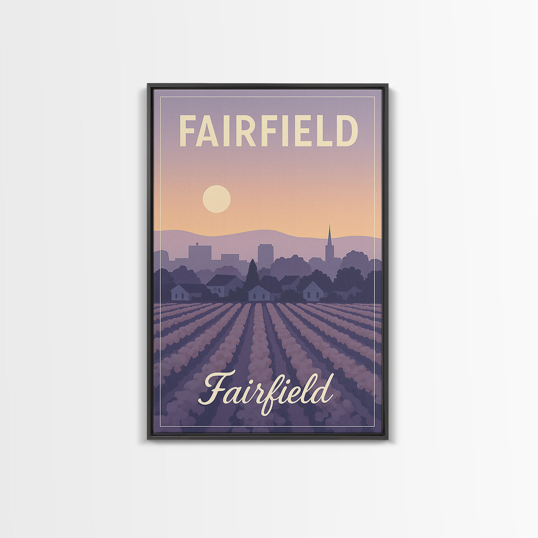 Fairfield Travel Poster, Canvas Print, Retro Sunset Skyline Art, Fairfield Poster Print, Travel Wall Decor, Home Office Decor, Design 2