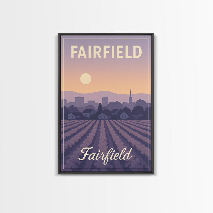 Fairfield Travel Poster, Canvas Print, Retro Sunset Skyline Art, Fairfield Poster Print, Travel Wall Decor, Home Office Decor, Design 2