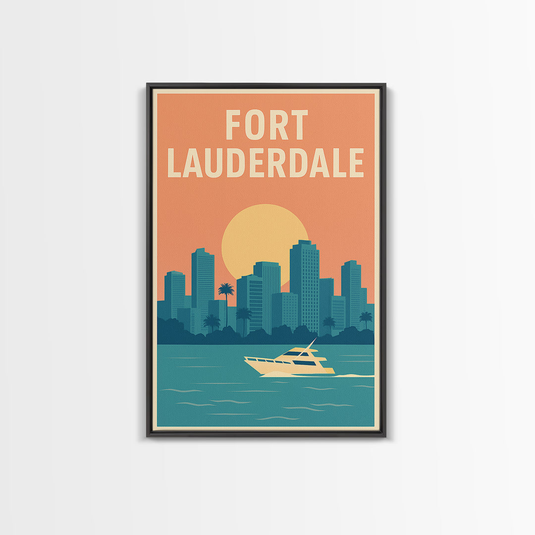 Fort Lauderdale Travel Poster, Framed Canvas Print, Retro Sunset Skyline Art, Fort Lauderdale Wall Art, Vintage Travel Print, Design 2