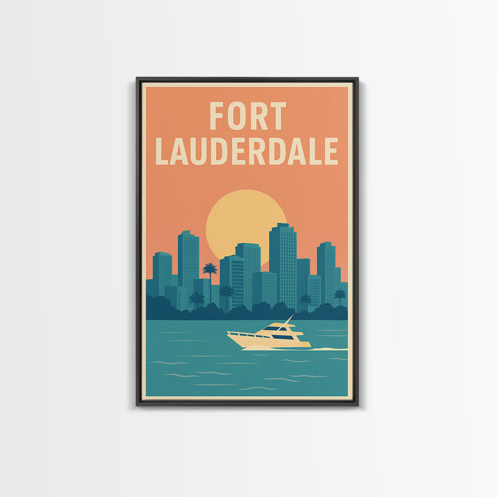 Fort Lauderdale Travel Poster, Framed Canvas Print, Retro Sunset Skyline Art, Fort Lauderdale Wall Art, Vintage Travel Print, Design 2