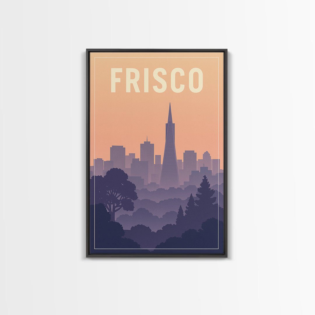 Frisco Texas Travel Poster, Canvas Print, Mid Century City Wall Art, Frisco Wall Art, Wanderlust Decor, Watercolor Downtown Skyline