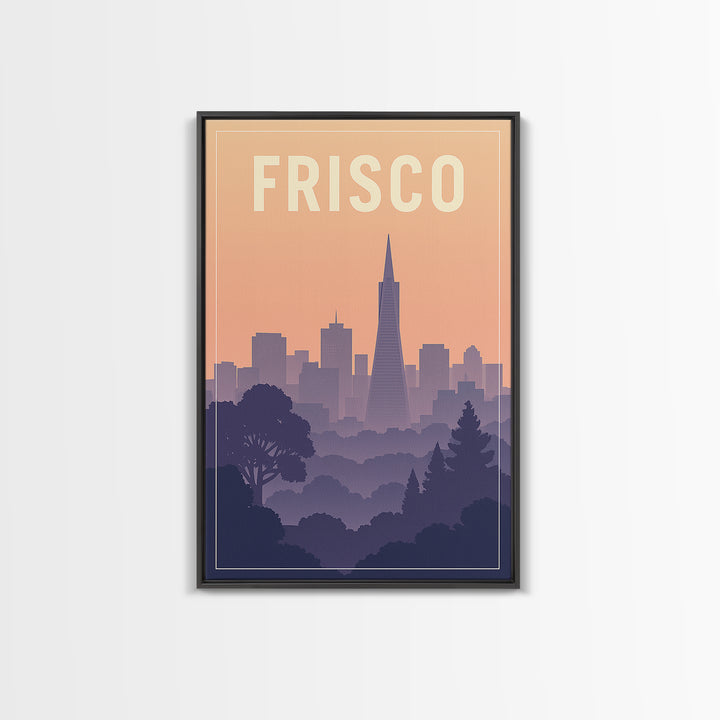 Frisco Texas Travel Poster, Canvas Print, Mid Century City Wall Art, Frisco Wall Art, Wanderlust Decor, Watercolor Downtown Skyline