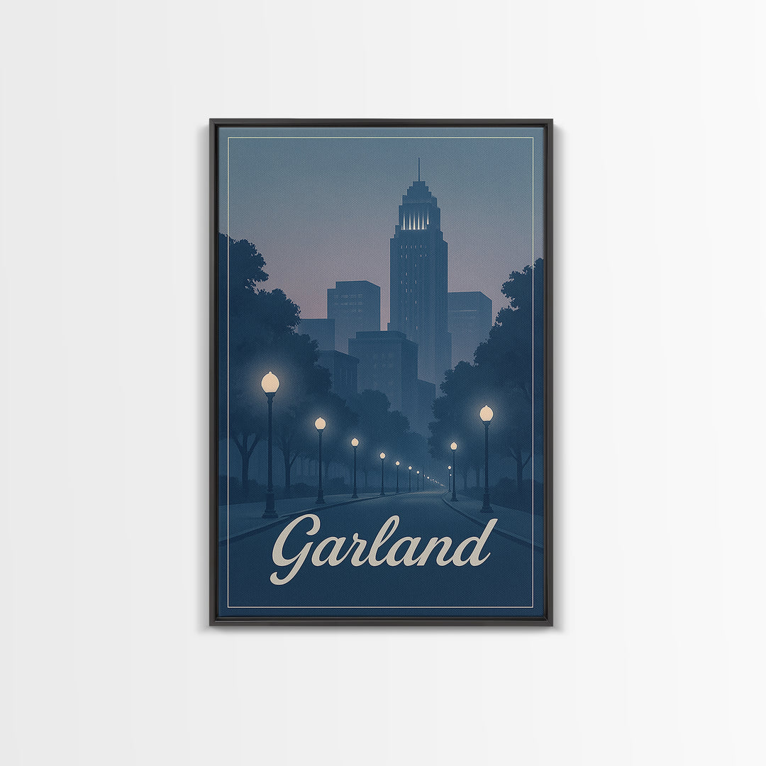 Garland Travel Poster, Canvas Print, Retro Sunset Skyline Art, Garland Poster Print, Wanderlust Decor, Fine Art Print, Modern Wall Decor