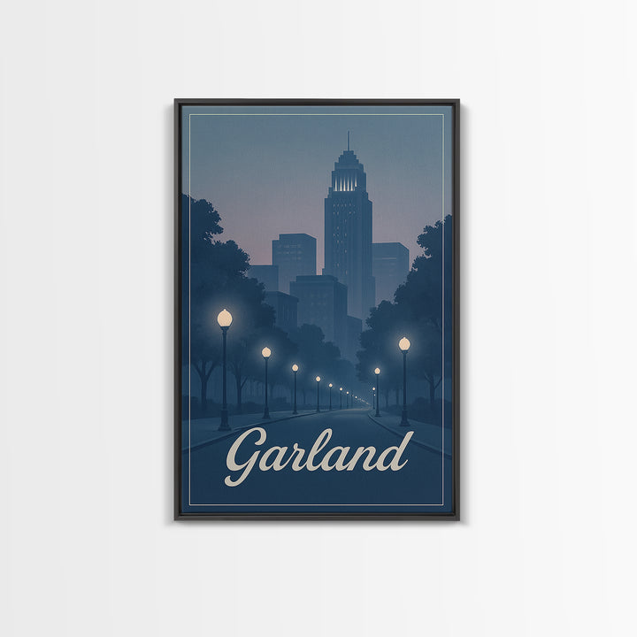 Garland Travel Poster, Canvas Print, Retro Sunset Skyline Art, Garland Poster Print, Wanderlust Decor, Fine Art Print, Modern Wall Decor