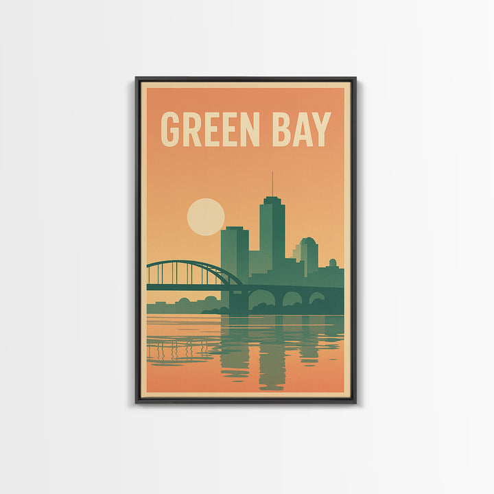 Green Bay Travel Poster, Canvas Print, Retro Sunset Skyline Art, Green Bay Wall Art, Gift For Travelers, Home Office Decor, Home Decor