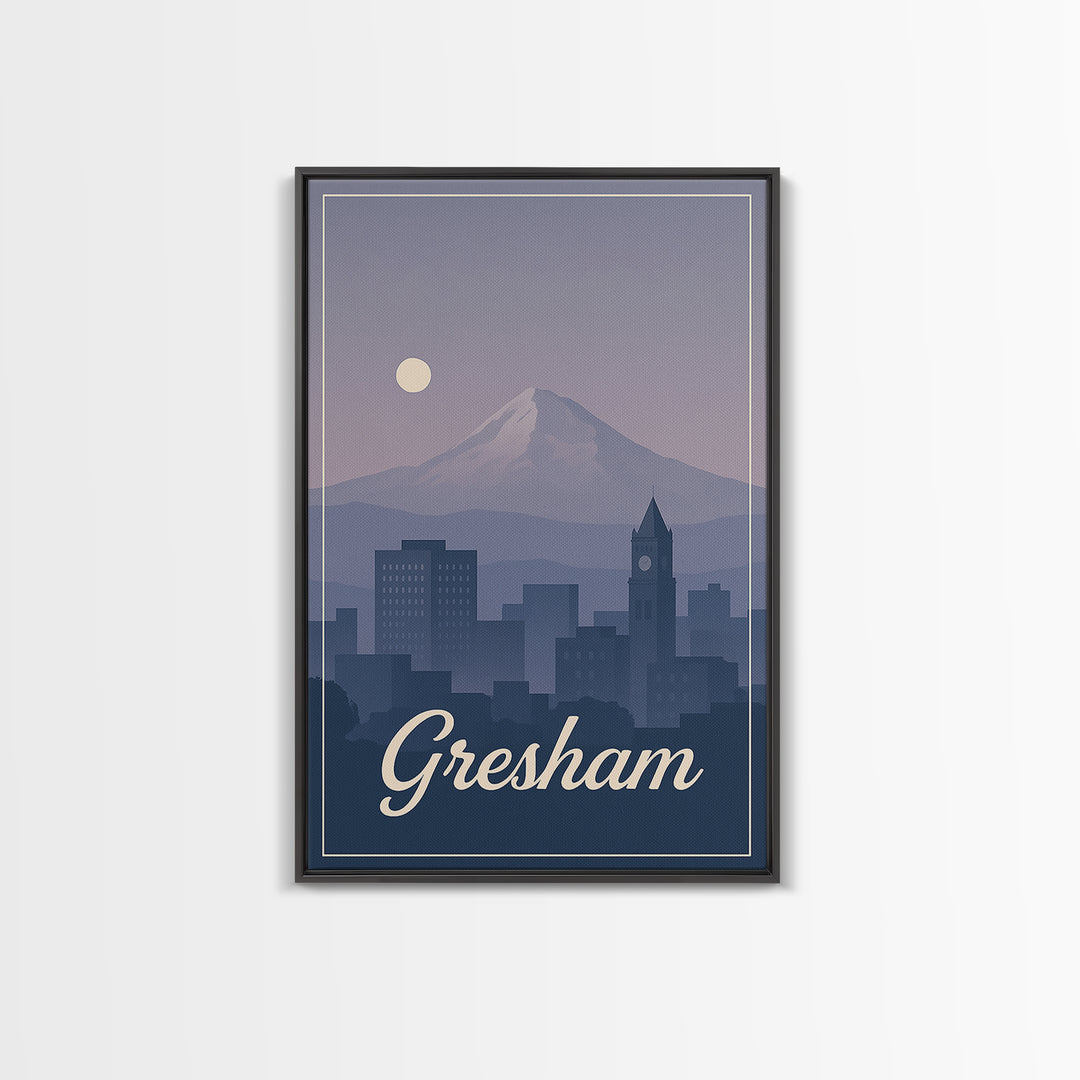 Gresham Travel Poster, Framed Canvas Print, Retro Sunset Skyline Art, Gresham Art Print, Travel Wall Art, Eclectic Wall Decor, Design 2