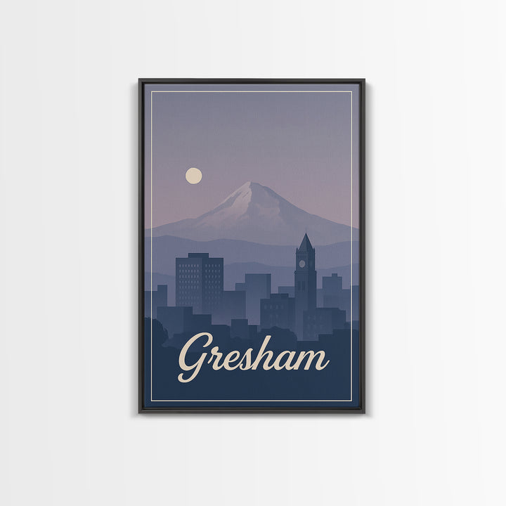 Gresham Travel Poster, Framed Canvas Print, Retro Sunset Skyline Art, Gresham Art Print, Travel Wall Art, Eclectic Wall Decor, Design 2