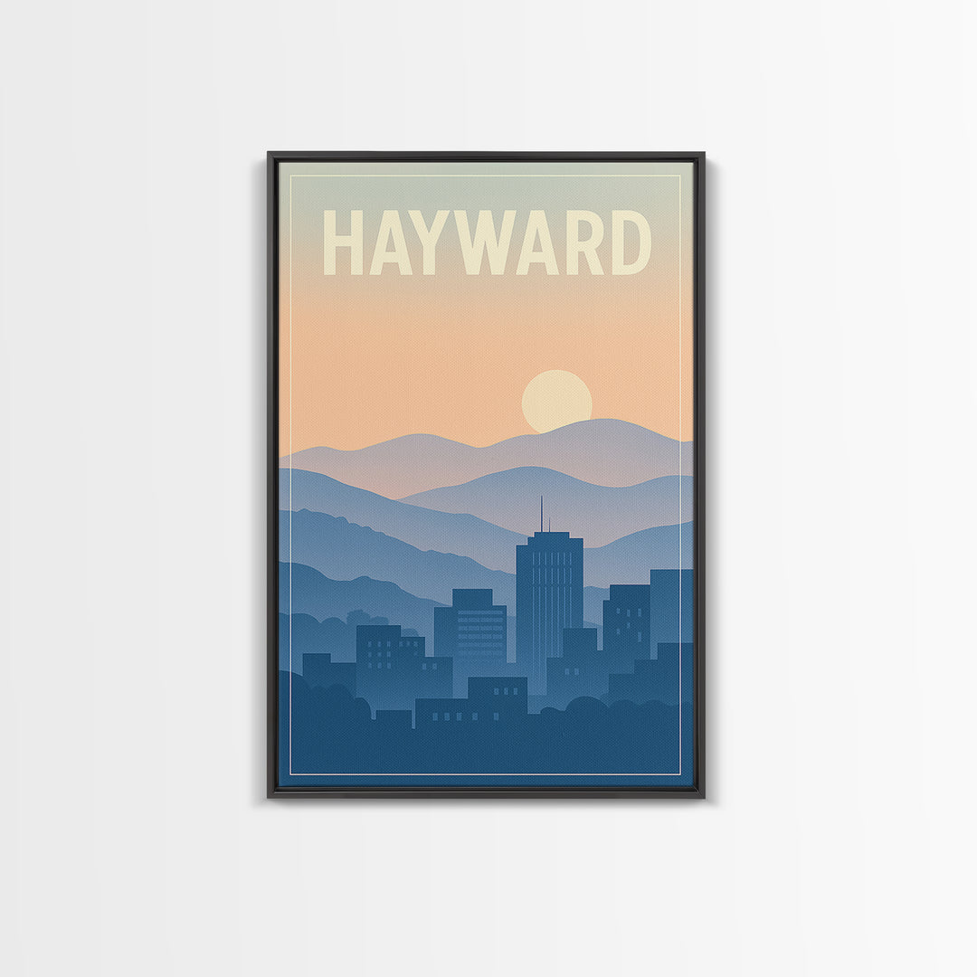 Hayward California Travel Poster, Canvas Print, Retro Sunset Skyline Art, Hayward Art Print, Travel Art Print, Modern Wall Decor, Poster Art