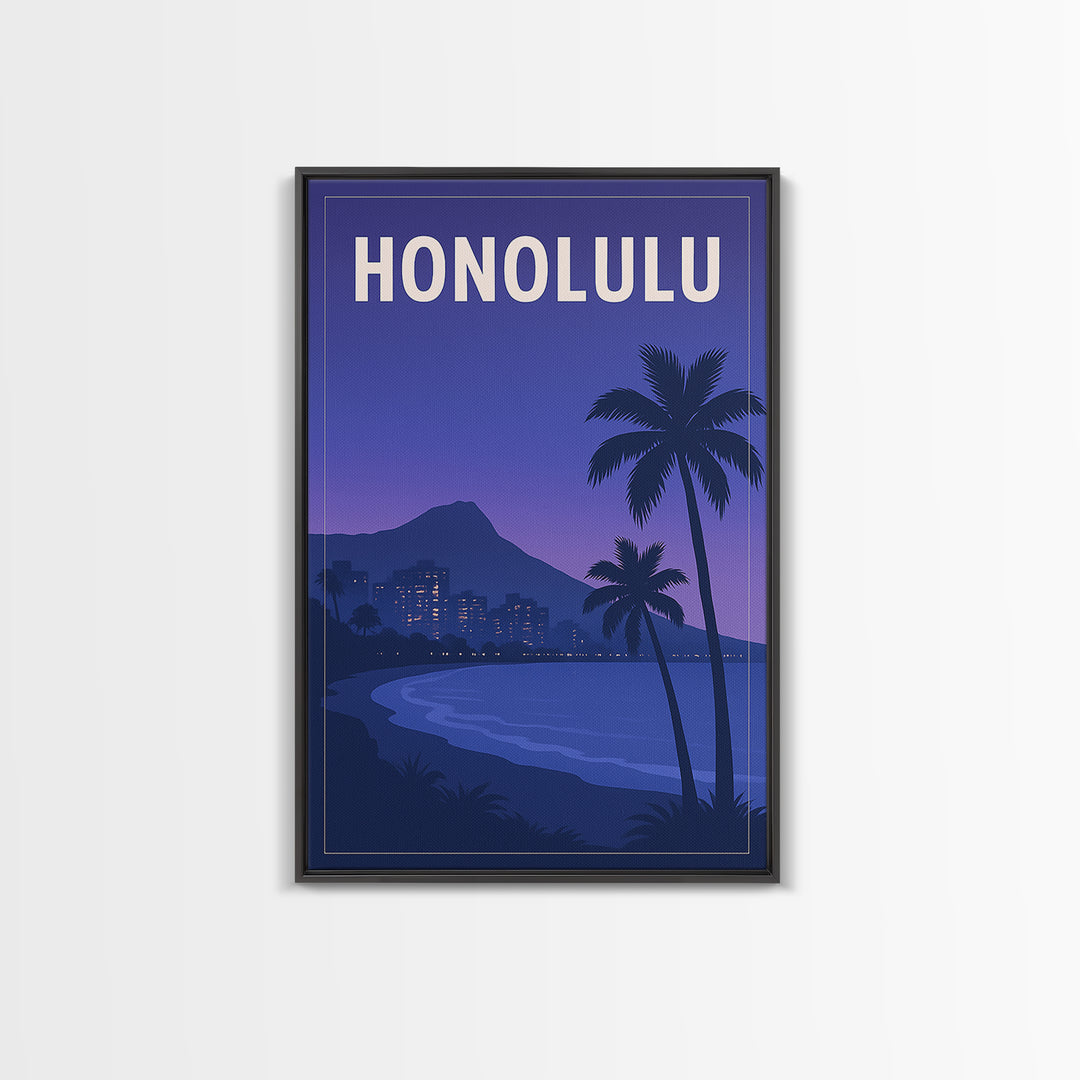 Honolulu Hawaii Travel Poster, Canvas Print, Retro Sunset Skyline Art, Honolulu Wall Art, Mid Century Wall Art, Living Room Wall Art