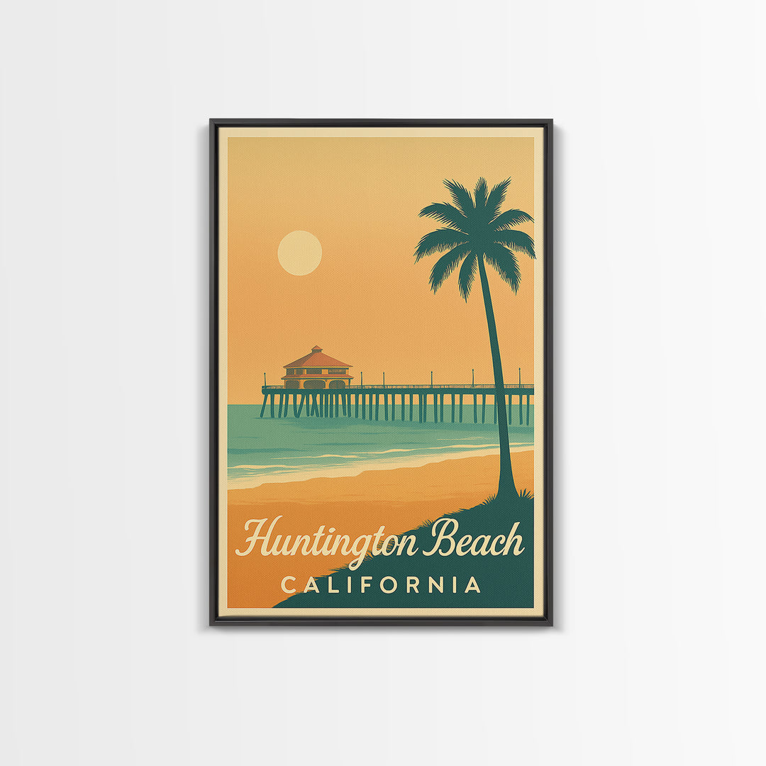 Huntington Beach California Travel Poster, Canvas Print, Retro Sunset Skyline Art, Huntington Beach City Art, Art Print, City Travel Prints