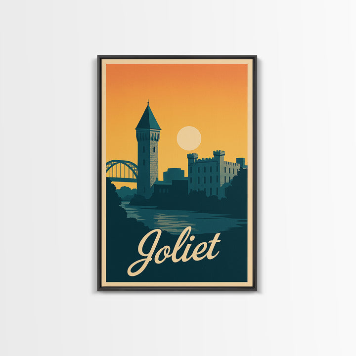 Joliet Illinois Travel Poster, Canvas Print, Retro Sunset Skyline Art, Joliet Wall Art, Watercolor Skyline Art, Travel Wall Decor, Wall Art