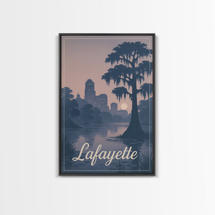 Lafayette Travel Poster, Framed Canvas Print, Retro Sunset Skyline Art, Lafayette Travel Art, Travel Poster Set, Vintage City Poster