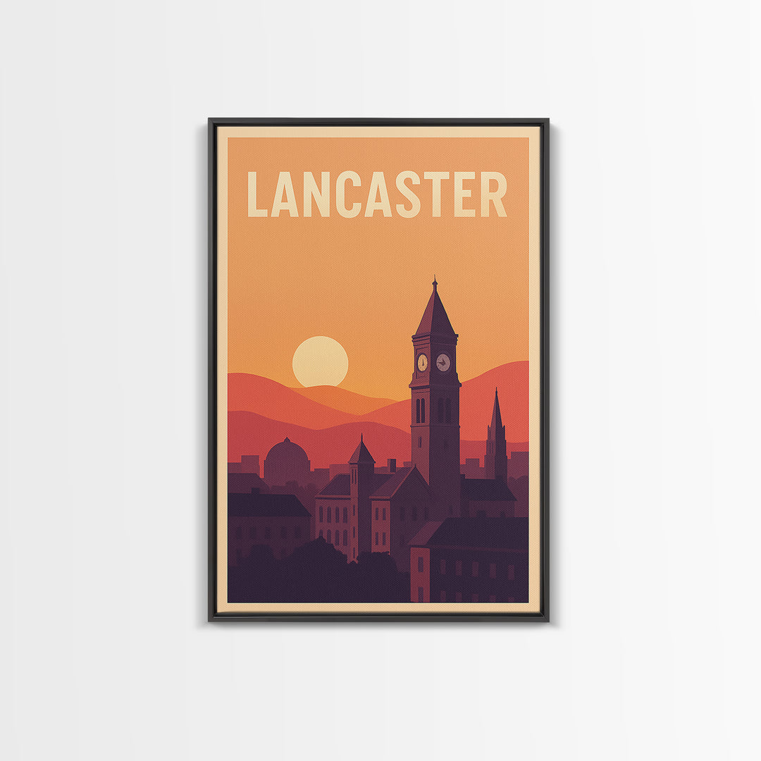 Lancaster Travel Poster, Framed Canvas Print, Vintage Travel Poster Art, Lancaster Poster Print, Mid Century Wall Art, City Illustration