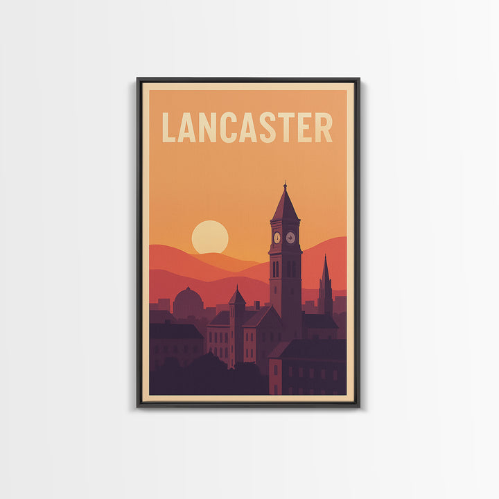 Lancaster Travel Poster, Framed Canvas Print, Vintage Travel Poster Art, Lancaster Poster Print, Mid Century Wall Art, City Illustration