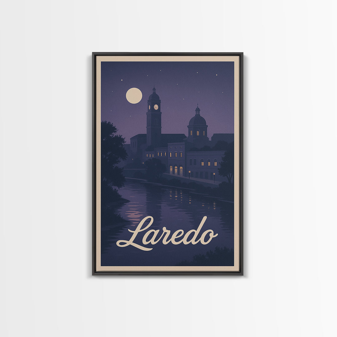 Laredo Travel Poster, Framed Canvas Print, Classic Travel Poster Art, Laredo Wall Art, Travel Wall Decor, Watercolor City Skyline