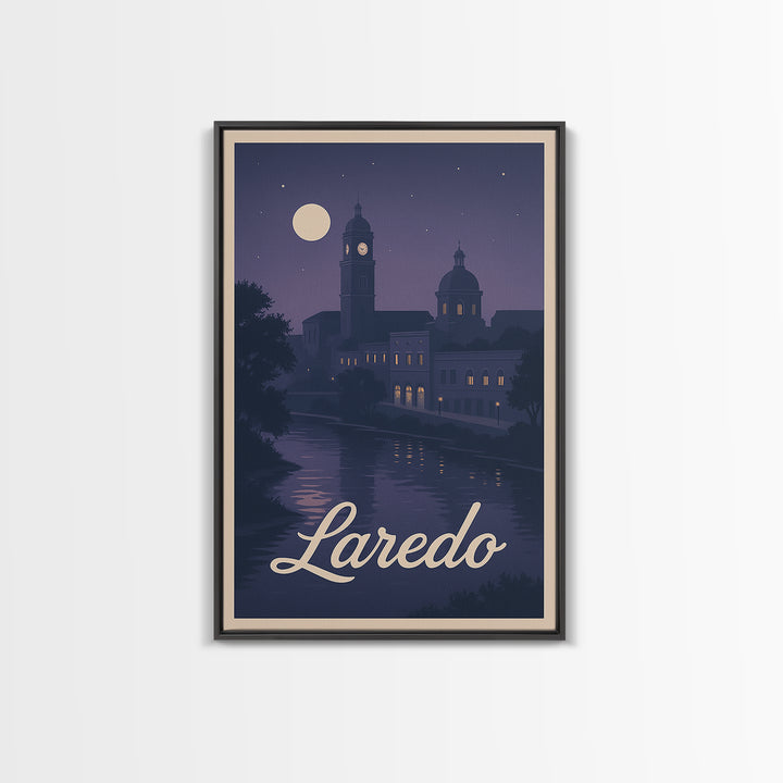 Laredo Travel Poster, Framed Canvas Print, Classic Travel Poster Art, Laredo Wall Art, Travel Wall Decor, Watercolor City Skyline