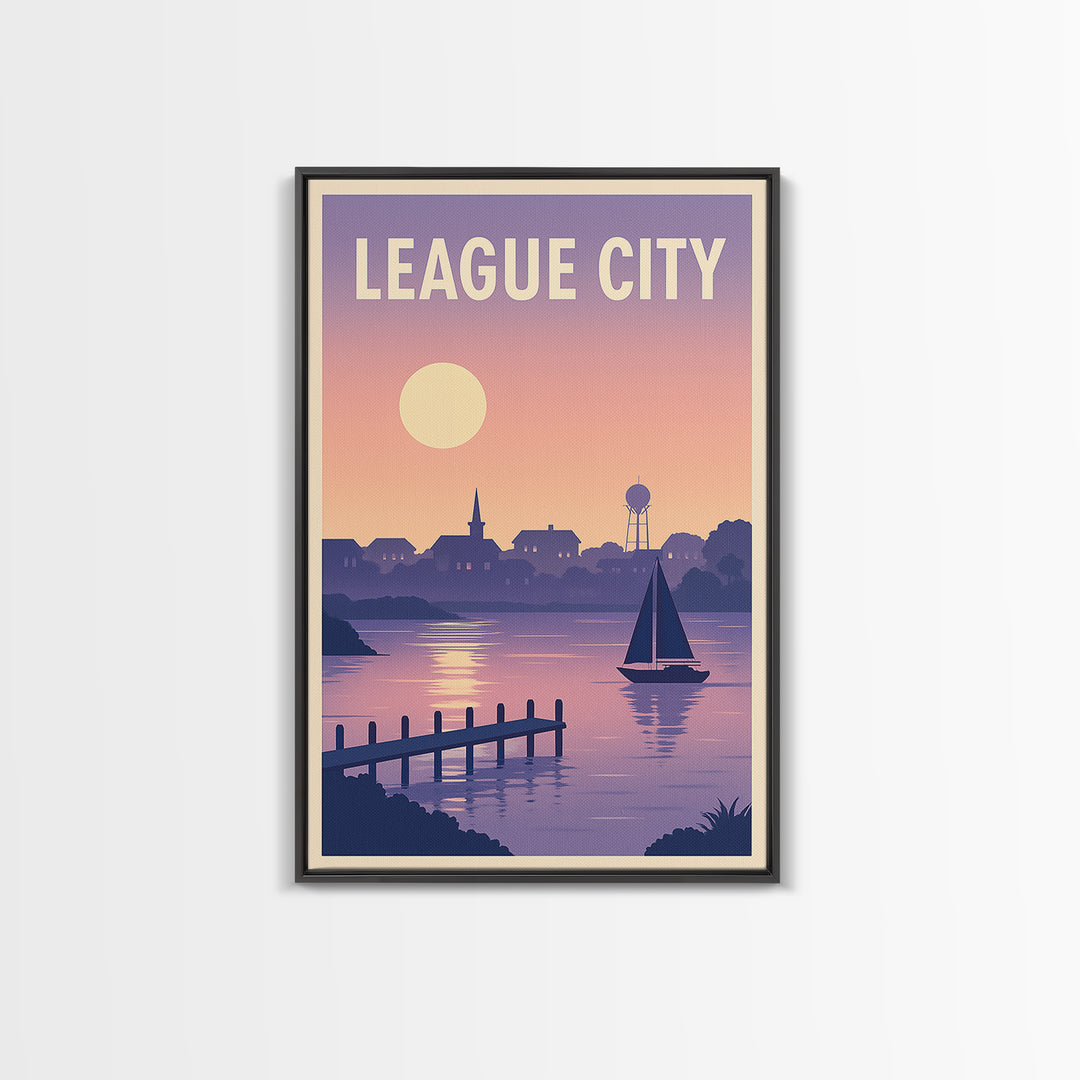 League City Texas Travel Poster, Framed Canvas Print, Retro Sunset Skyline Art, League City Travel Art, Travel Wall Decor, Travel Wall Art