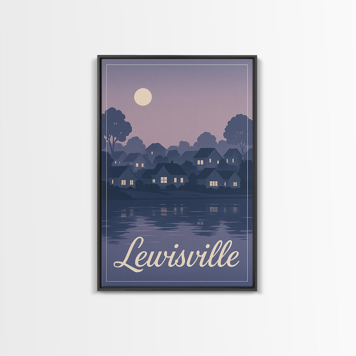 Lewisville Travel Poster, Framed Canvas Print, Retro Sunset Skyline Art, Lewisville Wall Art, Home Office Decor, Wanderlust Decor