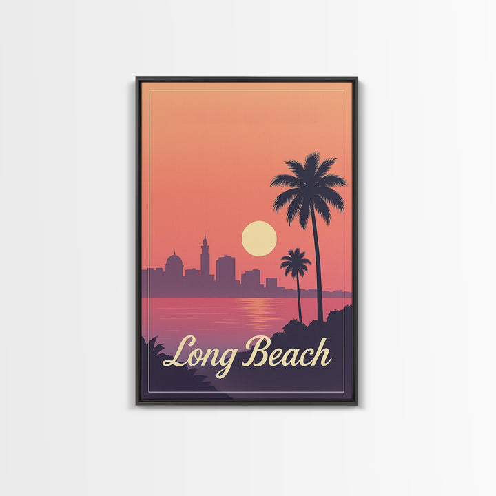 Long Beach California Travel Poster, Canvas Print, Retro Sunset Skyline Art, Long Beach Art Print, Vintage Travel Art, City Travel Prints