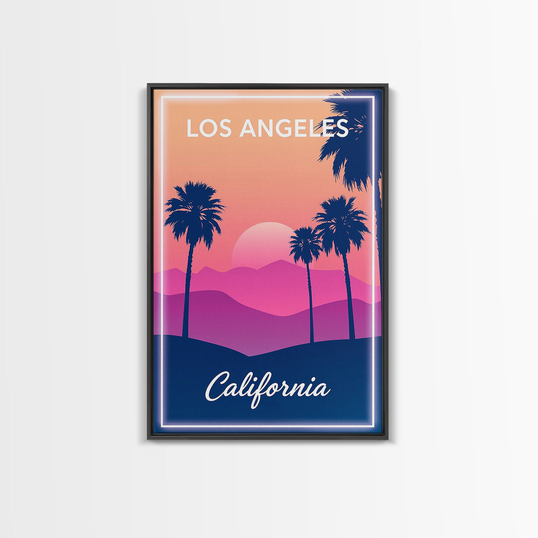 Los Angeles Travel Poster, Framed Canvas Print, Retro Sunset Skyline Art, Los Angeles Travel Art, Retro Travel Print, City Travel Prints