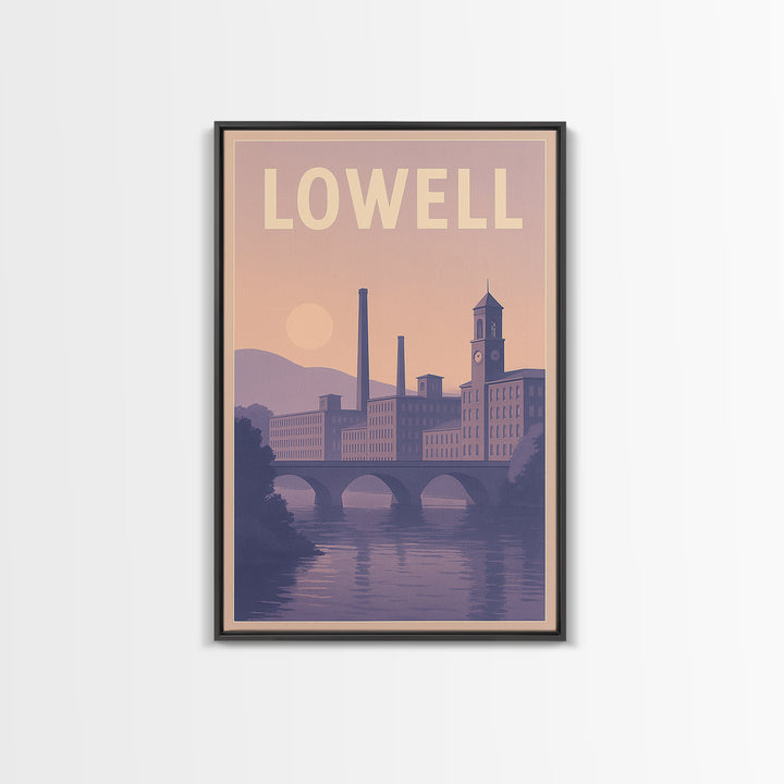 Lowell Massachusetts Travel Poster, Canvas Print, Retro Sunset Skyline Art, Lowell Travel Art, Poster Art, Fine Art Print, Travel Wall Art