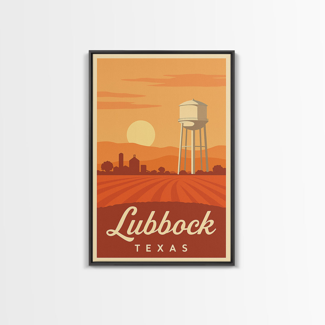 Lubbock Texas Travel Poster, Framed Canvas Print, Retro Sunset Skyline Art, Lubbock Poster Print, Wanderlust Decor, Travel Poster Set
