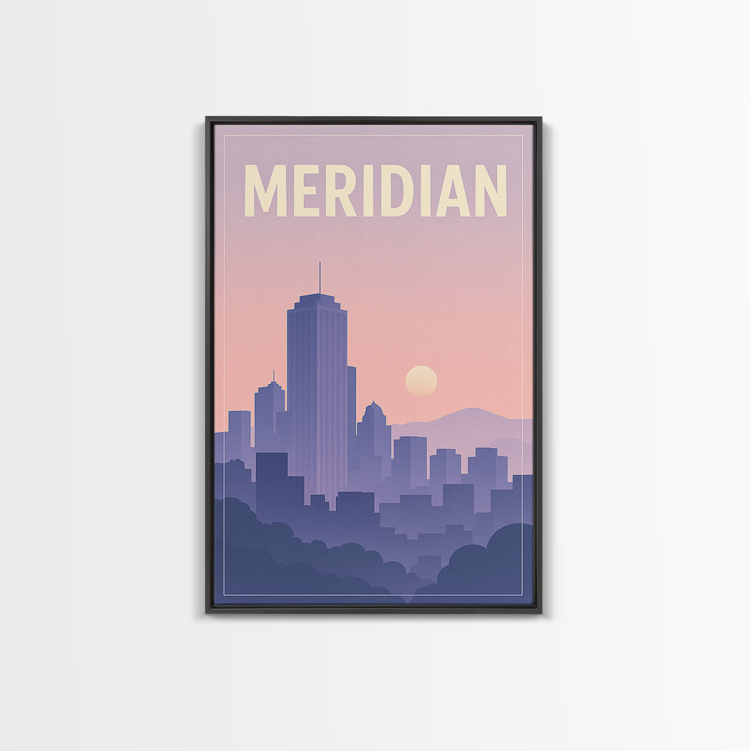 Meridian Idaho Travel Poster, Framed Canvas Print, Classic Travel Poster Art, Meridian Travel Art, Mid Century Wall Art, City Travel Prints