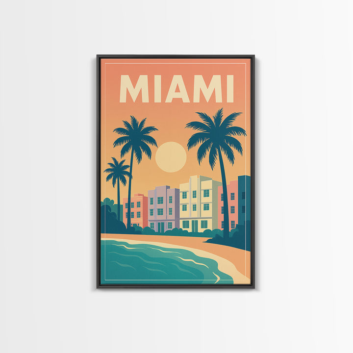 Miami Travel Poster, Framed Canvas Print, Vintage Travel Poster Art, Miami Poster Print, City Art Print, Living Room Wall Art, Design 2