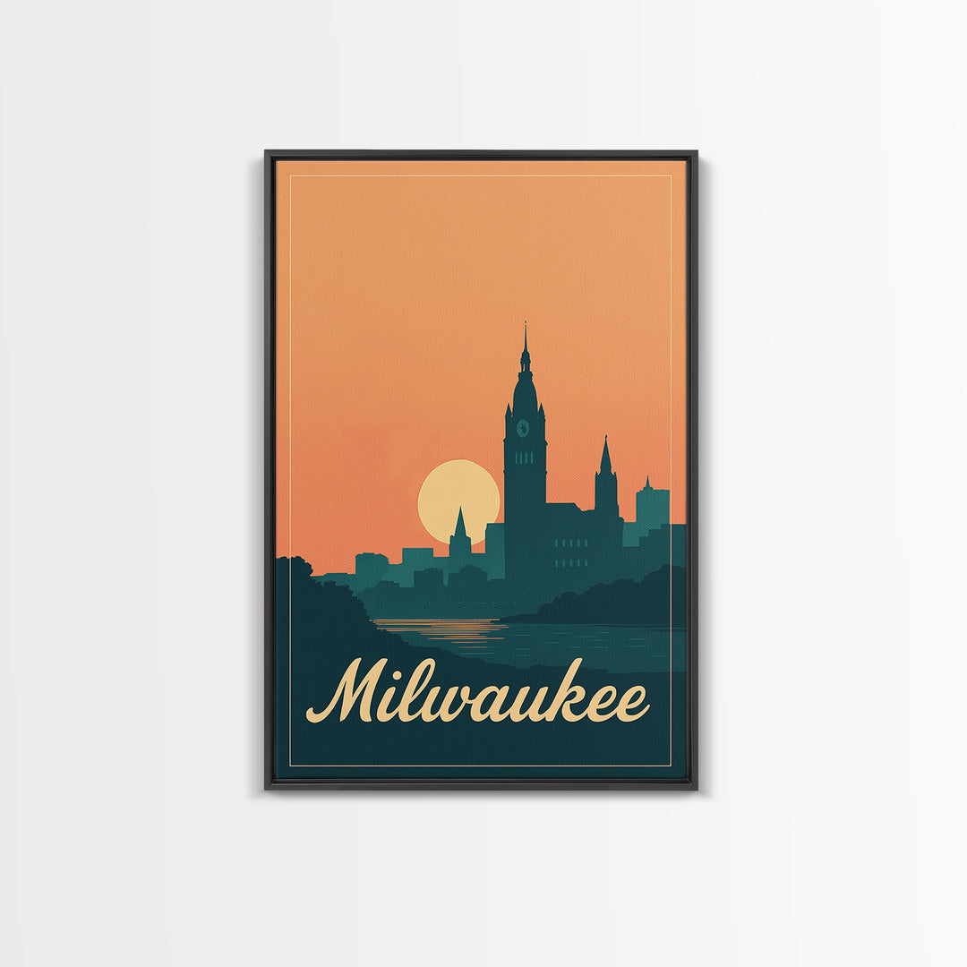 Milwaukee Wisconsin Travel Poster, Framed Canvas Print, Retro Sunset Skyline Art, Milwaukee Wall Art, Modern Wall Decor, City Travel Prints