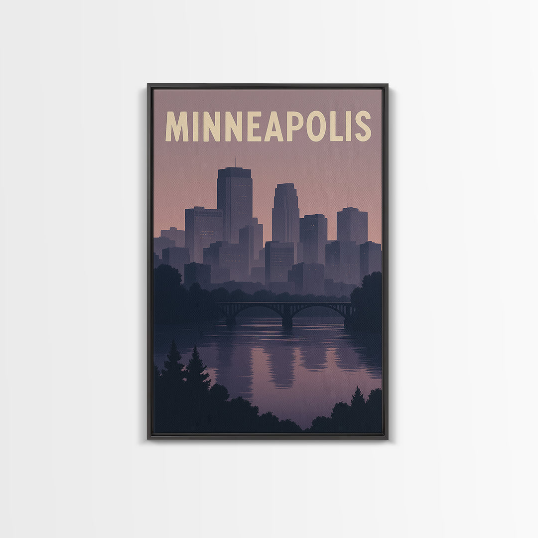 Minneapolis Travel Poster, Framed Canvas Print, Retro Sunset Skyline Art, Minneapolis Travel Art, Vintage Travel Print, City Art Print