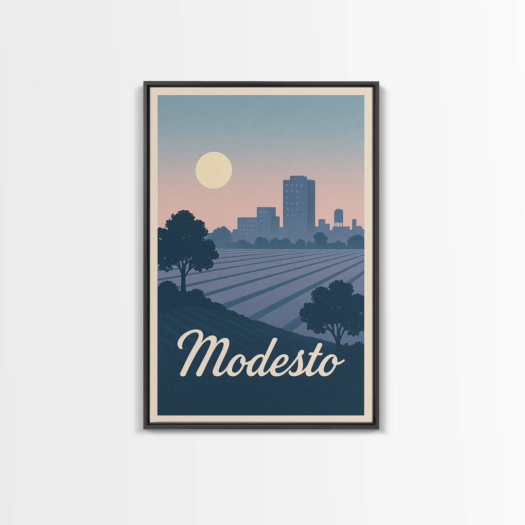 Modesto Travel Poster, Canvas Print, Mid Century City Wall Art, Modesto City Art, Modern Wall Decor, City Illustration, City Art Print